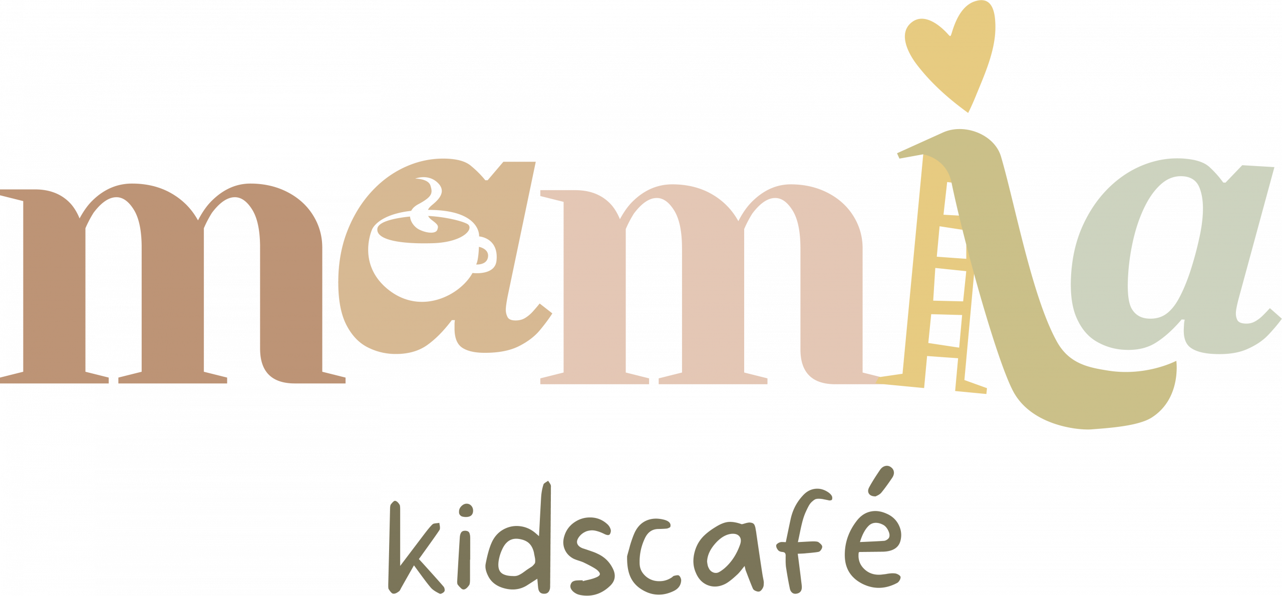 mamila in bunten pastellfarben geschrieben. Im inneren des A ist eine Kaffeetasse zu sehen und das I und L bilden eine Rutsche. Der I-Punkt ist ein Herz. Darunter steht in olivengr&uuml;ner Farbe: kidscaf&eacute;