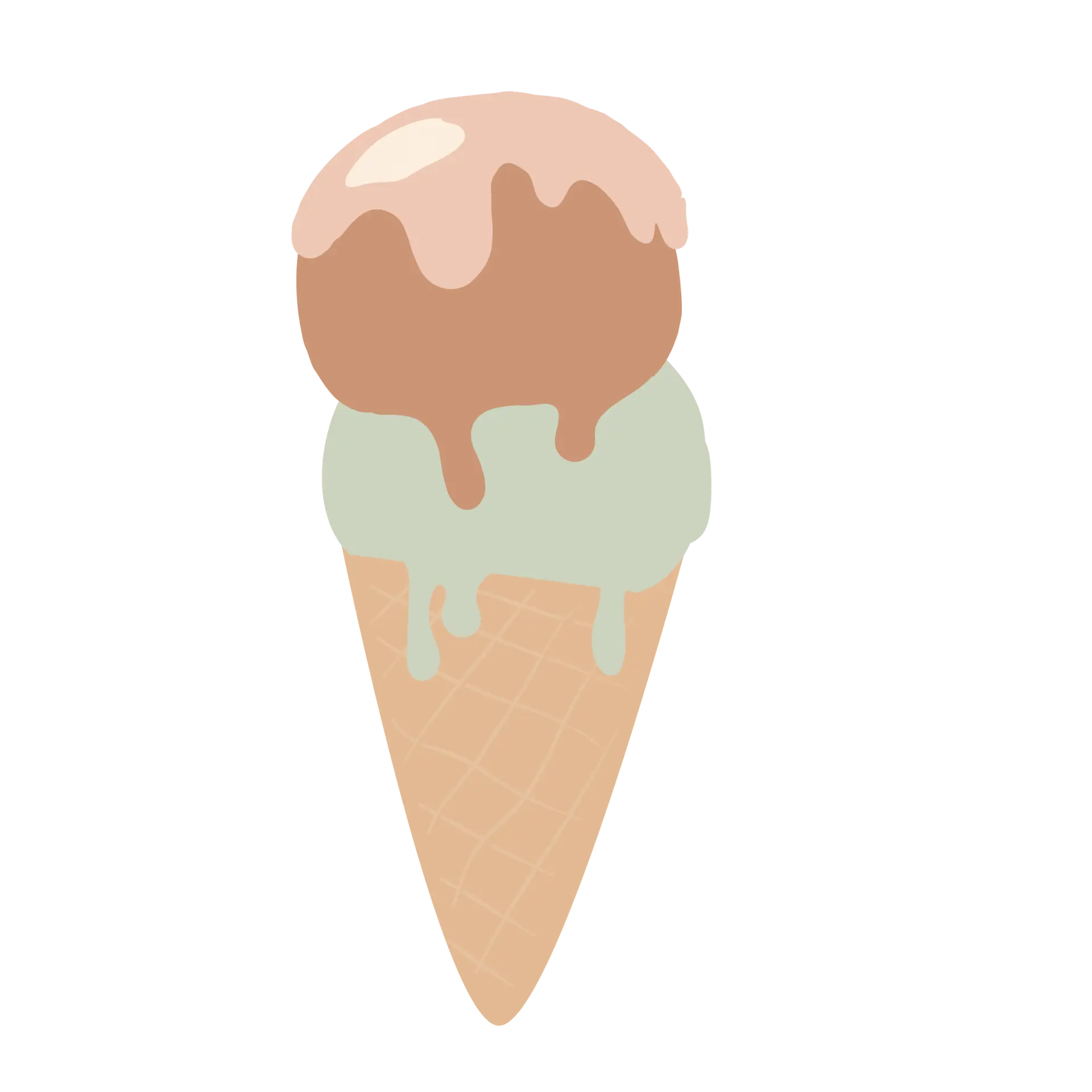 Eine minimalistisch Grafik eines Eis in der Waffel. Eine Kugel ist salbengr&uuml;n, die andere braun. Dar&uuml;ber ist eine Creme oder So&szlig;e in Rosa.